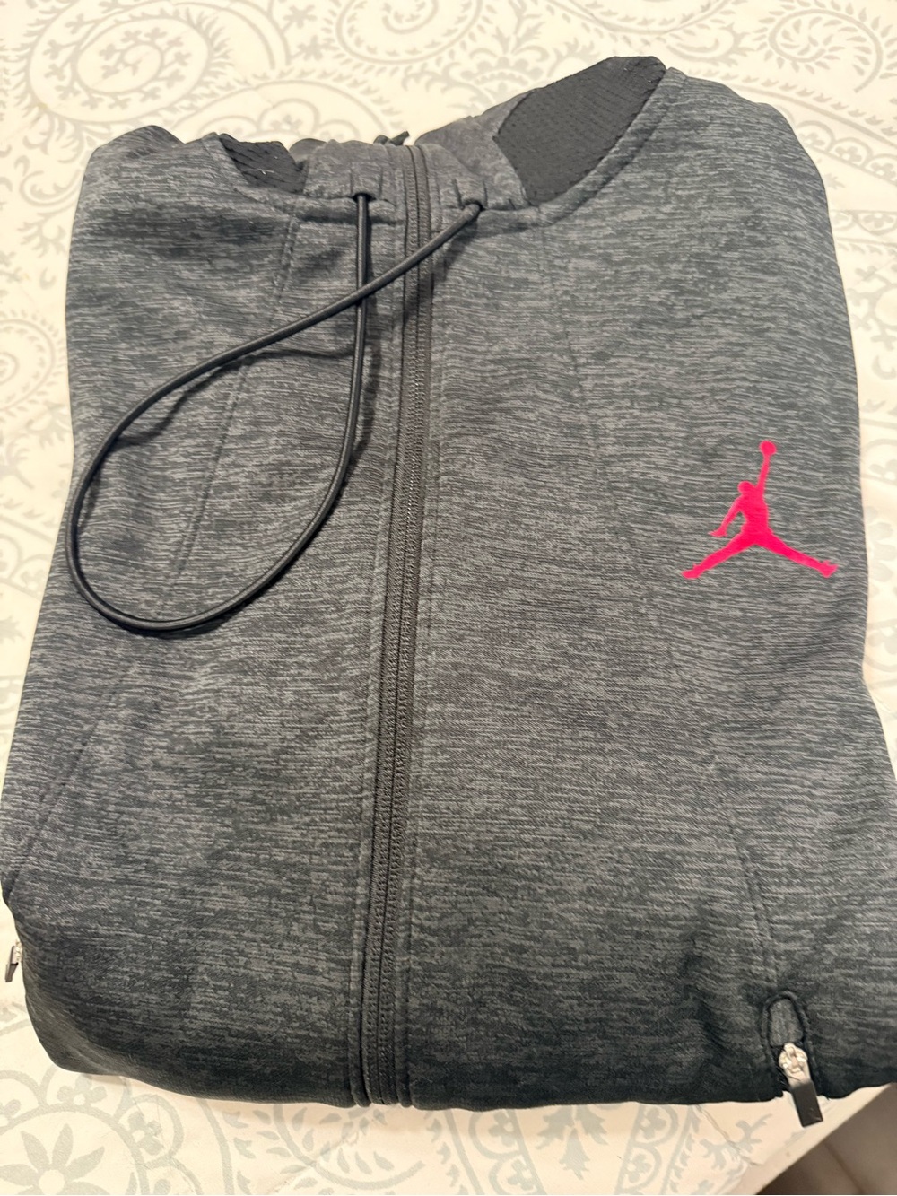 Jordan Men's Zip-Up Sweater in Charcoal Gray with Pink Jumpman